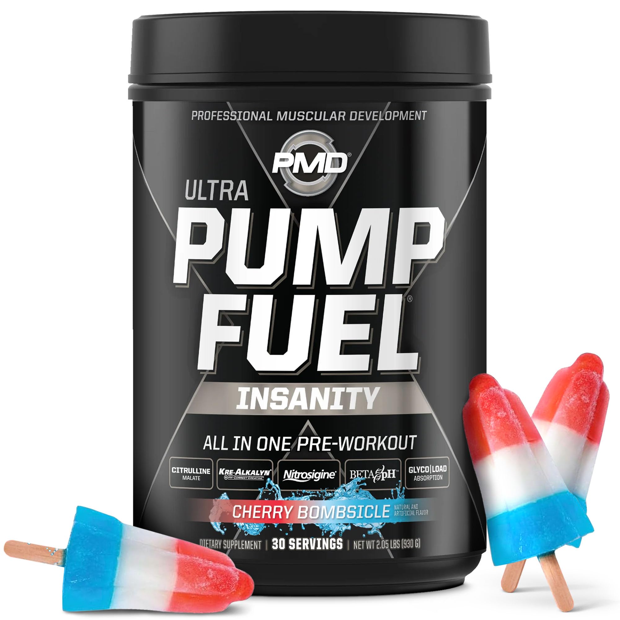 PMD Pump Fuel Ultra Insanity cherry bombsicle tub front showcasing flavor and branding.