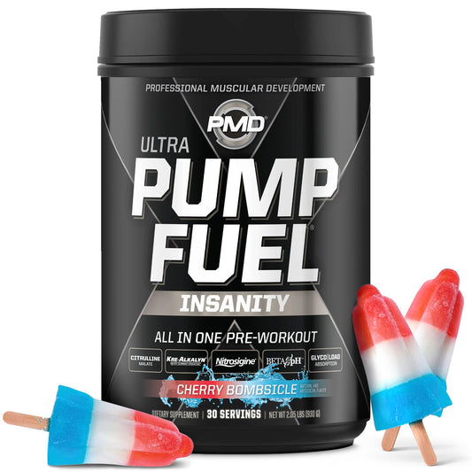 PMD Pump Fuel Ultra Insanity cherry bombsicle tub front showcasing flavor and branding.