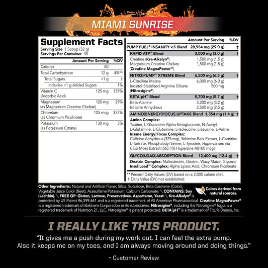 PMD Pump Fuel Ultra Insanity label close-up showing precise ingredient amounts.