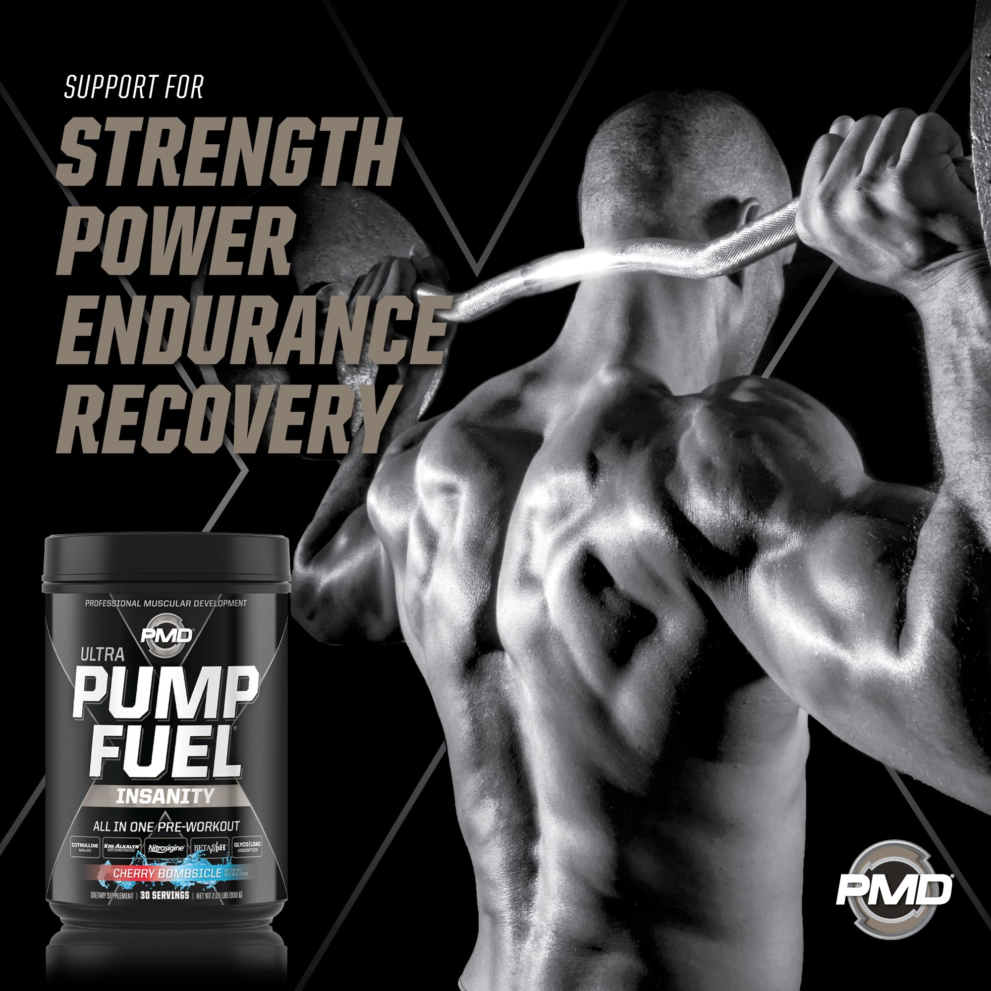 PMD Pump Fuel Ultra Insanity nootropic blend visual hints at focus during workouts.