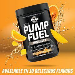 PMD Pump Fuel Ultra Insanity packaging display highlighting premium pre-workout