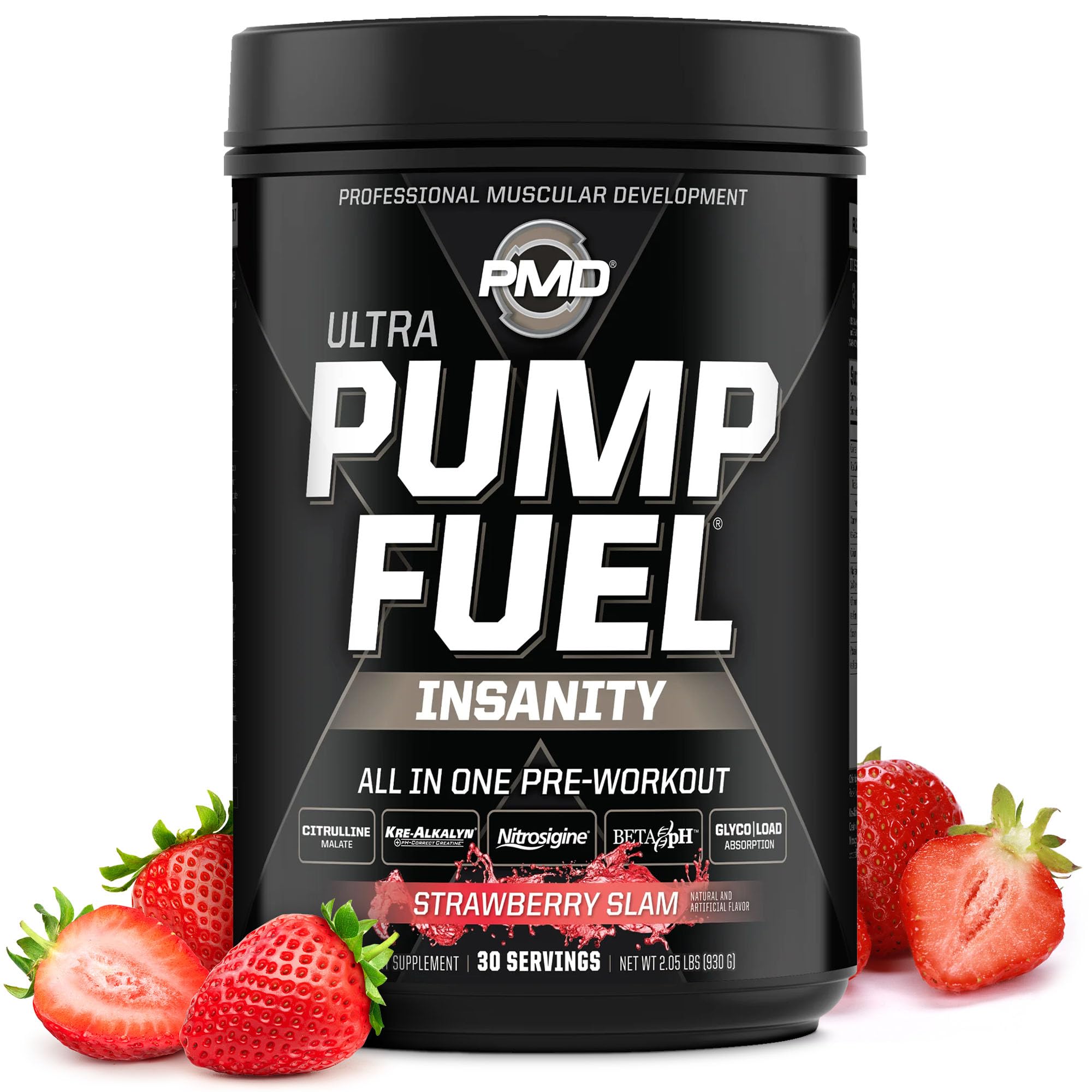 PMD Pump Fuel Ultra Insanity Strawberry Slam bottle front shows premium pre-workout energy.