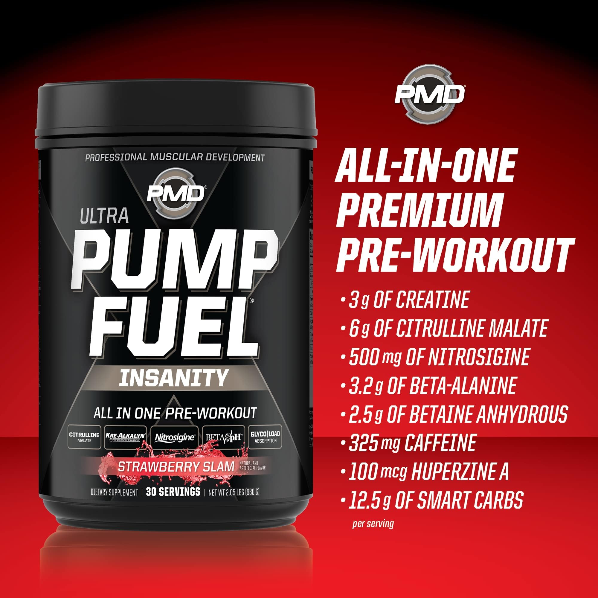 PMD Pump Fuel Ultra Insanity ingredients chart emphasizes creatine, citrulline, and beta-alanine synergy.