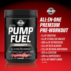 PMD Pump Fuel Ultra Insanity ingredients chart emphasizes creatine, citrulline, and beta-alanine synergy.