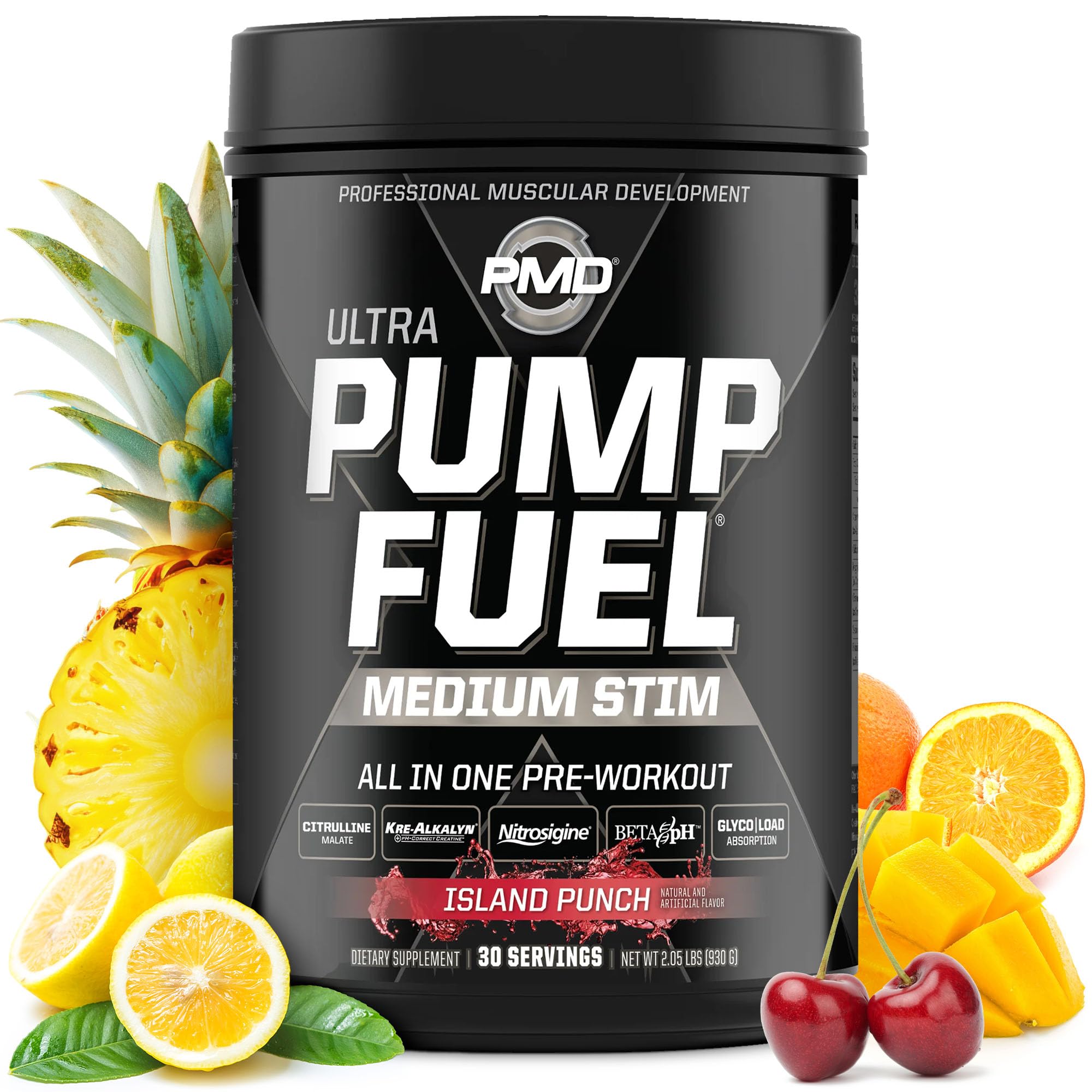 PMD Pump Fuel Ultra Island Punch packaging highlighting premium pre-workout formula for focused training.