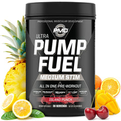 PMD Pump Fuel Ultra Island Punch packaging highlighting premium pre-workout formula for focused training.