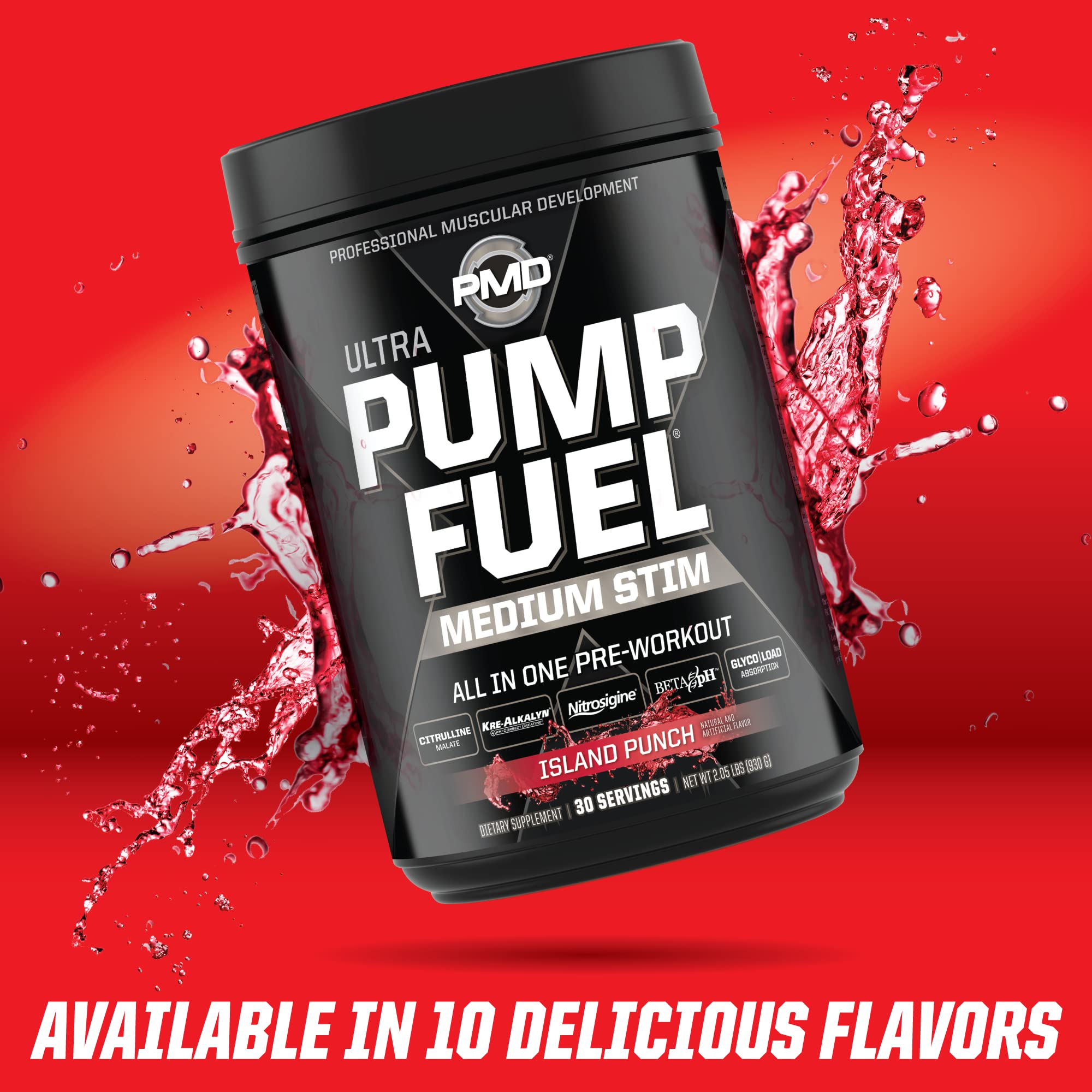 PMD Pump Fuel Ultra Island Punch after-workout recovery support in glass.