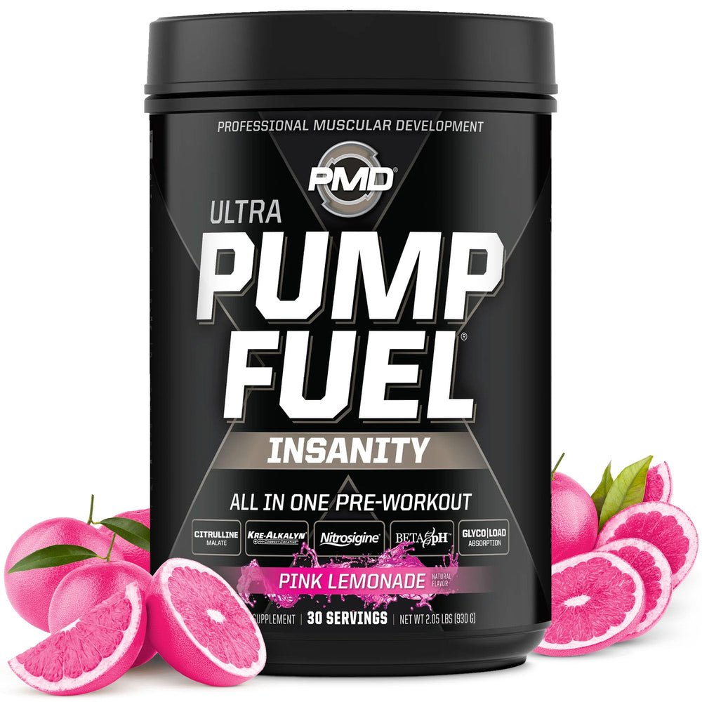 PMD Pump Fuel Ultra Pink Lemonade bottle front, energy-boosting flavor display.