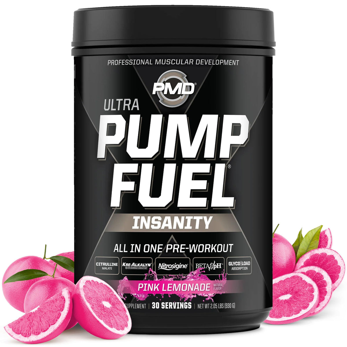 PMD Pump Fuel Ultra Pink Lemonade bottle front, energy-boosting flavor display.