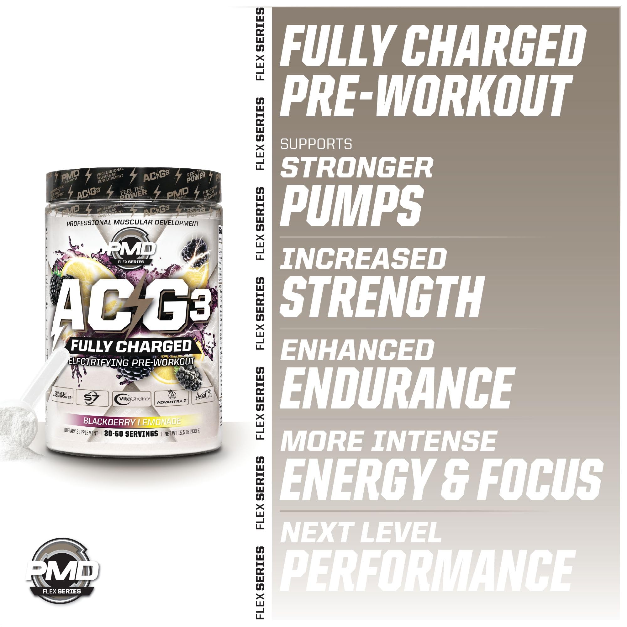 PMD ACG3 ingredient panel highlights creatine forms and energy components.