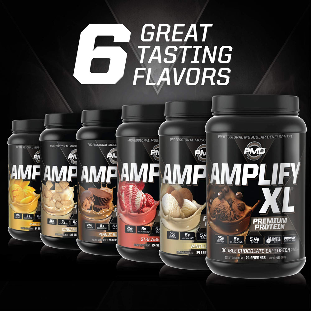 PMD Amplify XL nutrition label close-up showing amino acids and vitamins.