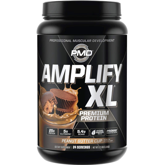 PMD Amplify XL Peanut Butter Cup bottle showing post-workout fueling with indulgent flavor.