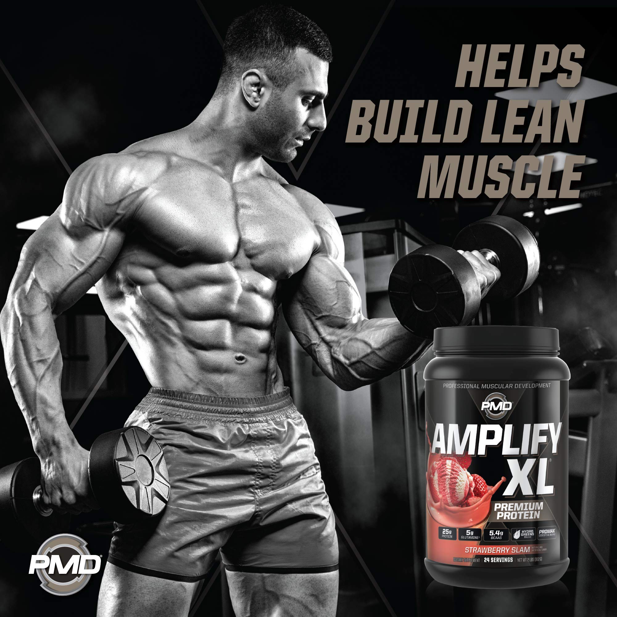 PMD Amplify XL Strawberry Slam label features protein matrix and enzymes.