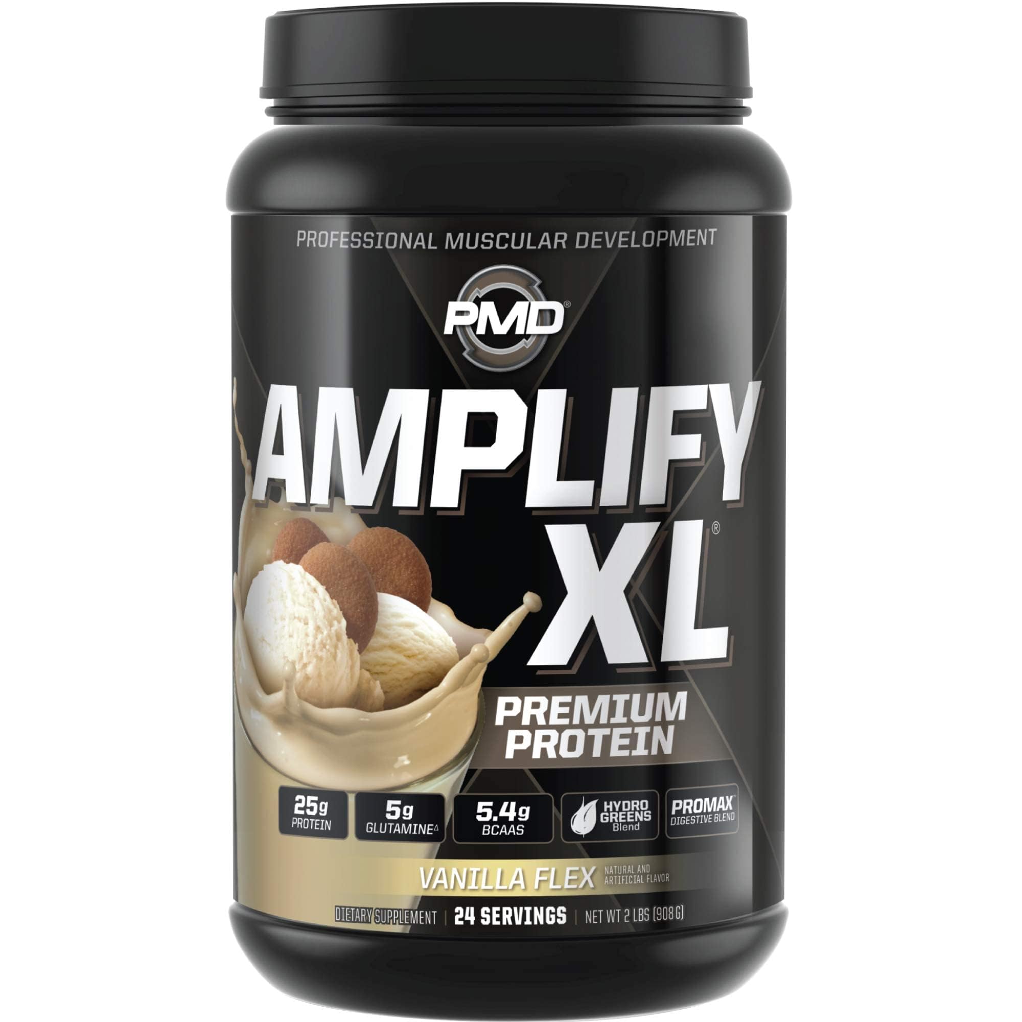 PMD Amplify XL Vanilla Flex tub highlighting whey protein for lean muscle support.