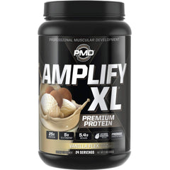 PMD Amplify XL Vanilla Flex tub highlighting whey protein for lean muscle support.