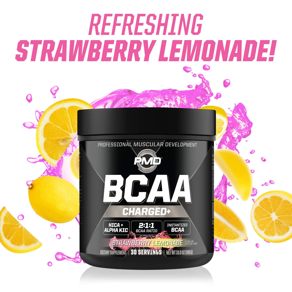 PMD Sports BCAA Charged strawberry lemonade flavor ready mix.