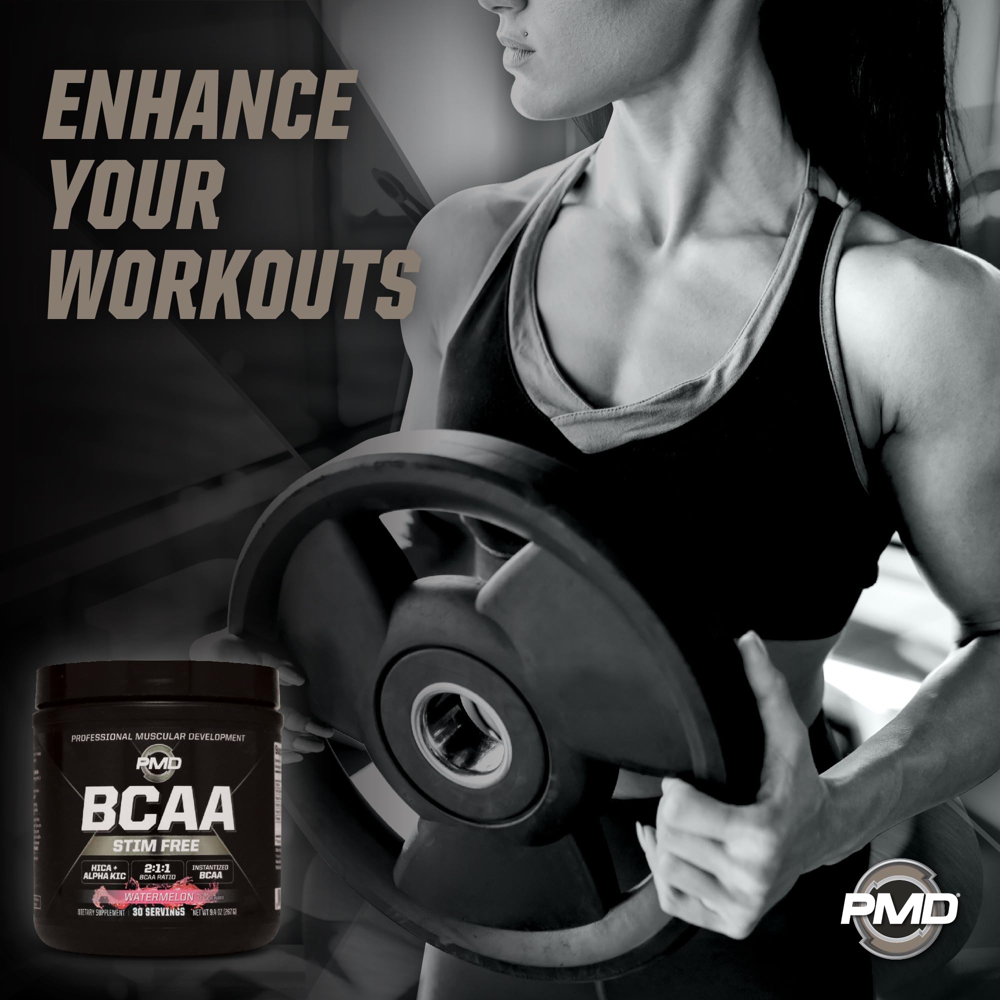 Close-up nutrition panel on PMD Watermelon BCAA Stim-Free container.