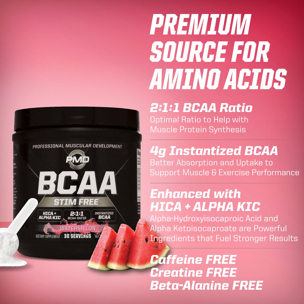 Sports bag with PMD BCAA Stim-Free Watermelon sachets ready for pre-workout.