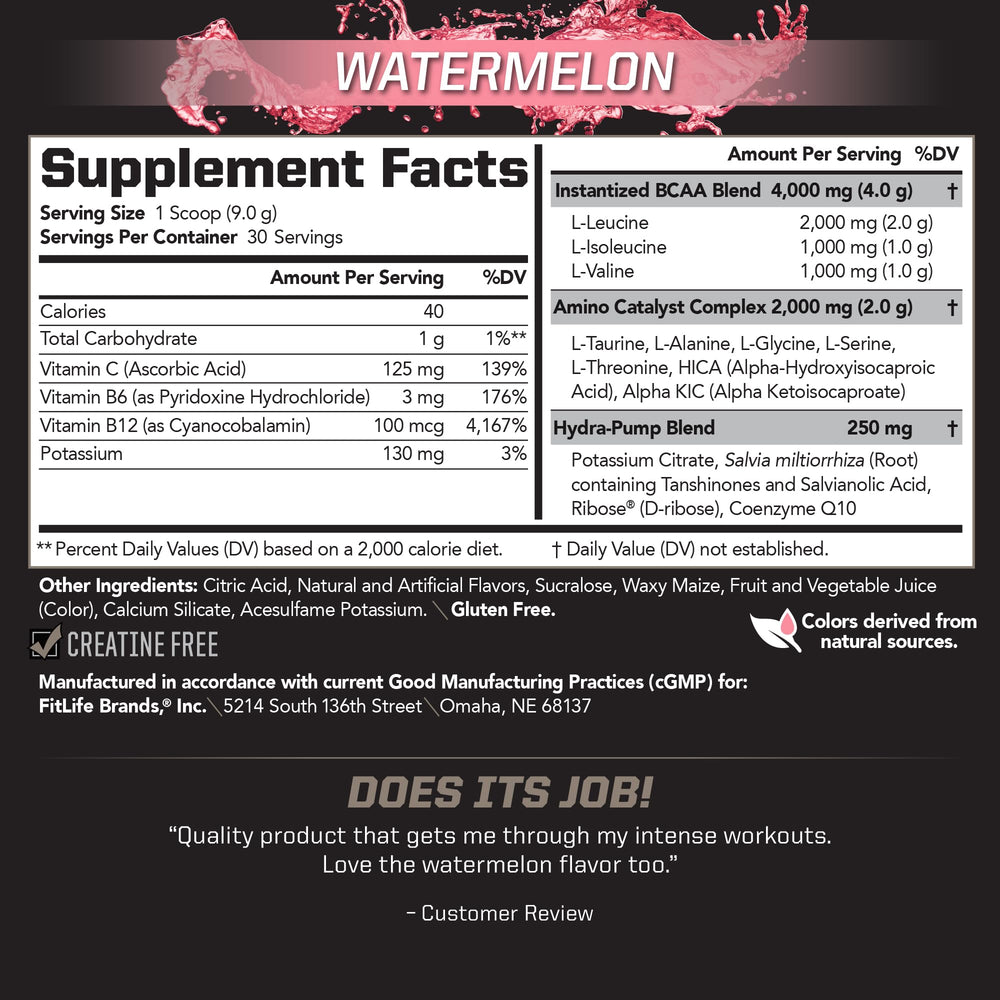 PMD Sports BCAA Stim-Free Watermelon powder being poured into a shaker for quick mixing.