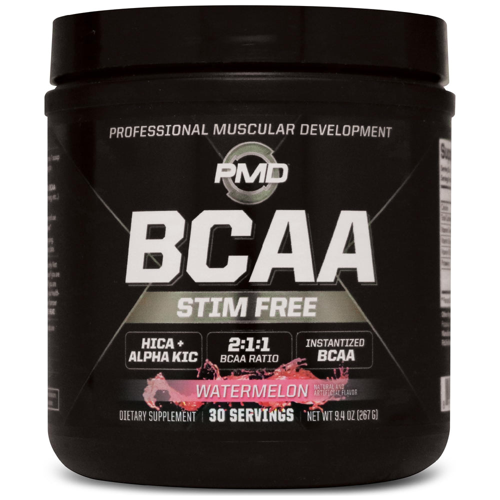 PMD Sports BCAA Stim-Free Watermelon tub label highlights stimulant-free formula for workouts.