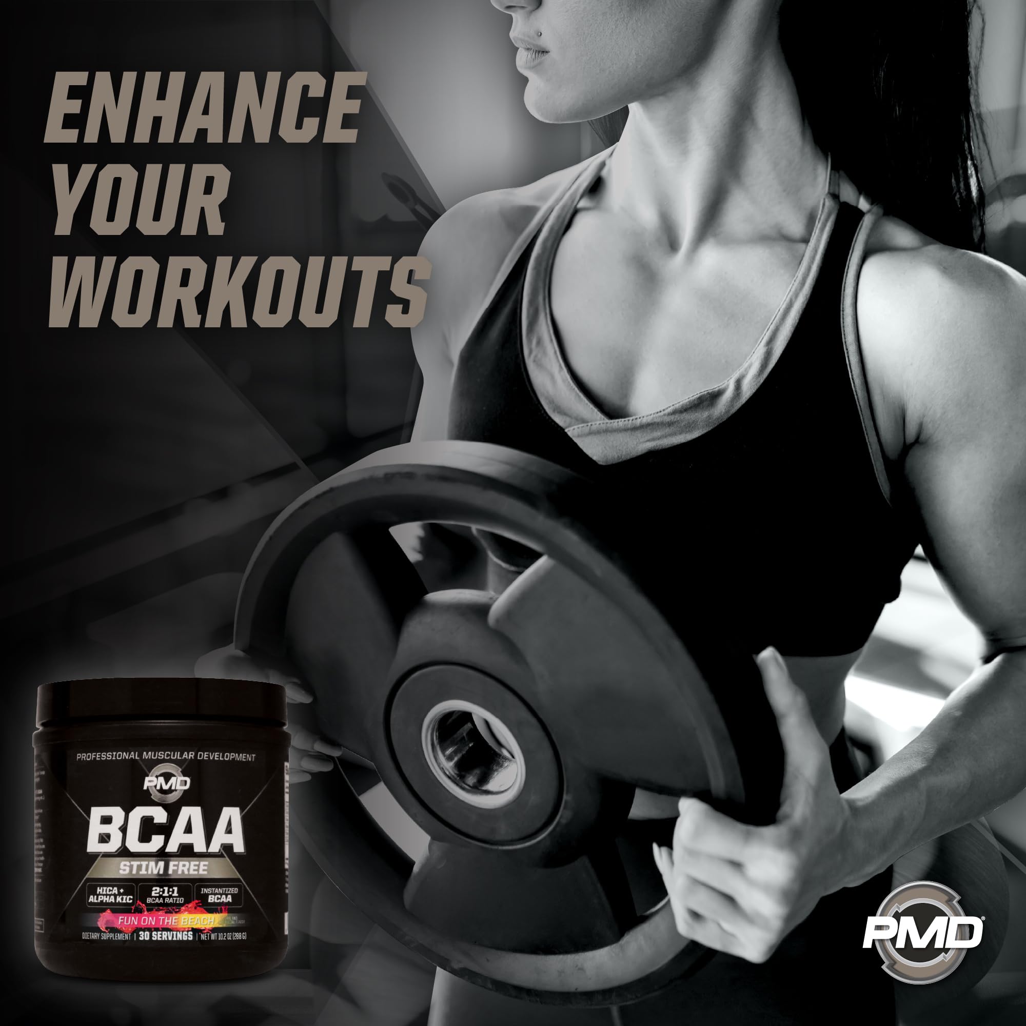 PMD Sports BCAA Stim-Free bottle beside protein powder for recovery pairing