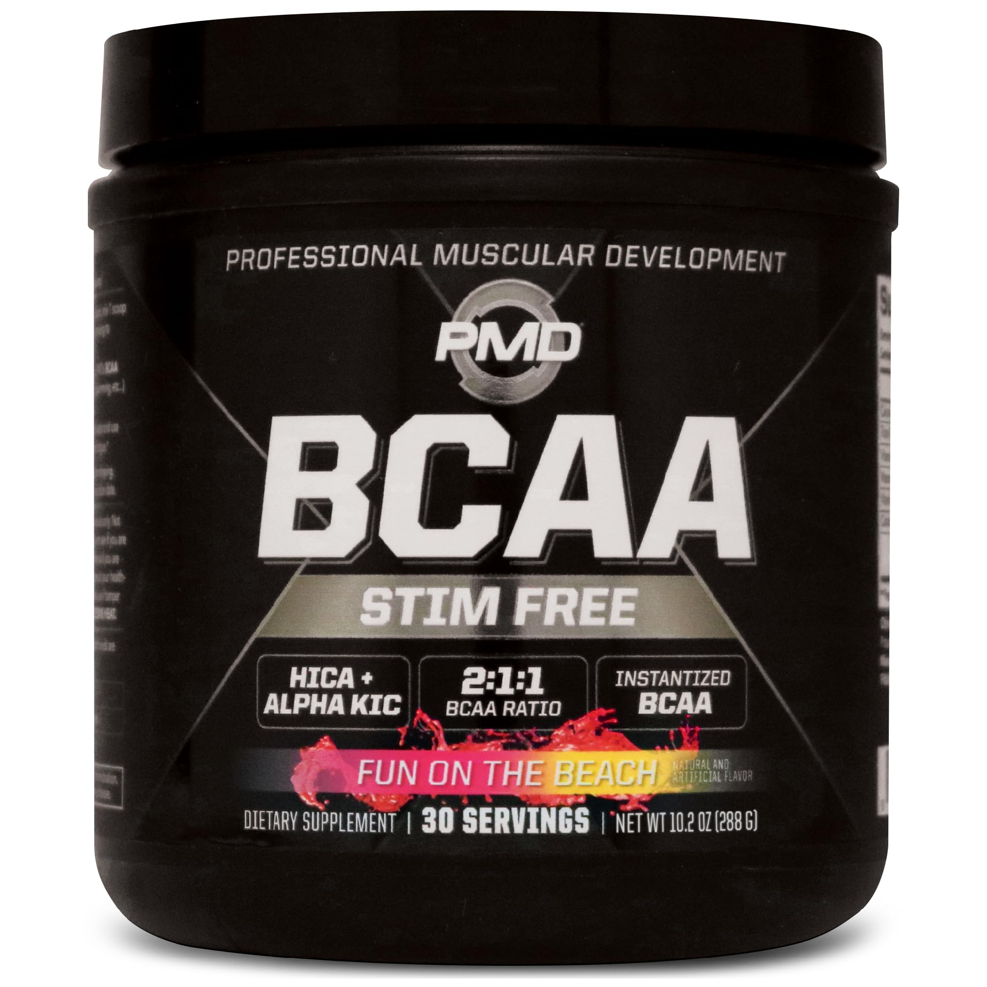 PMD Sports BCAA Stim-Free bottle on gym shelf for quick recovery support