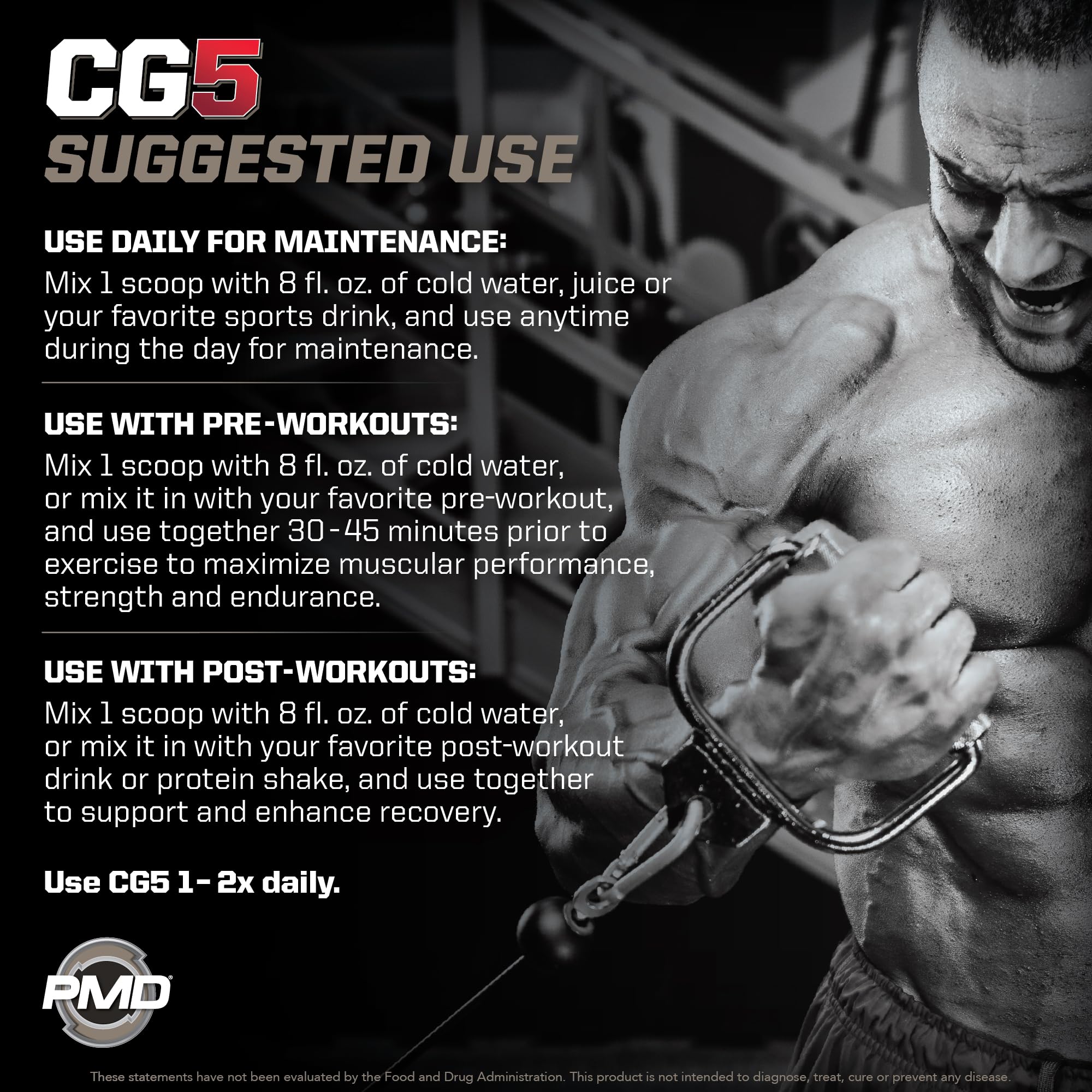 PMD Sports CG5 glutamine bottle highlighting muscle recovery support.
