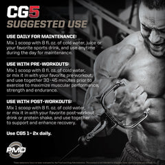 PMD Sports CG5 glutamine bottle highlighting muscle recovery support.