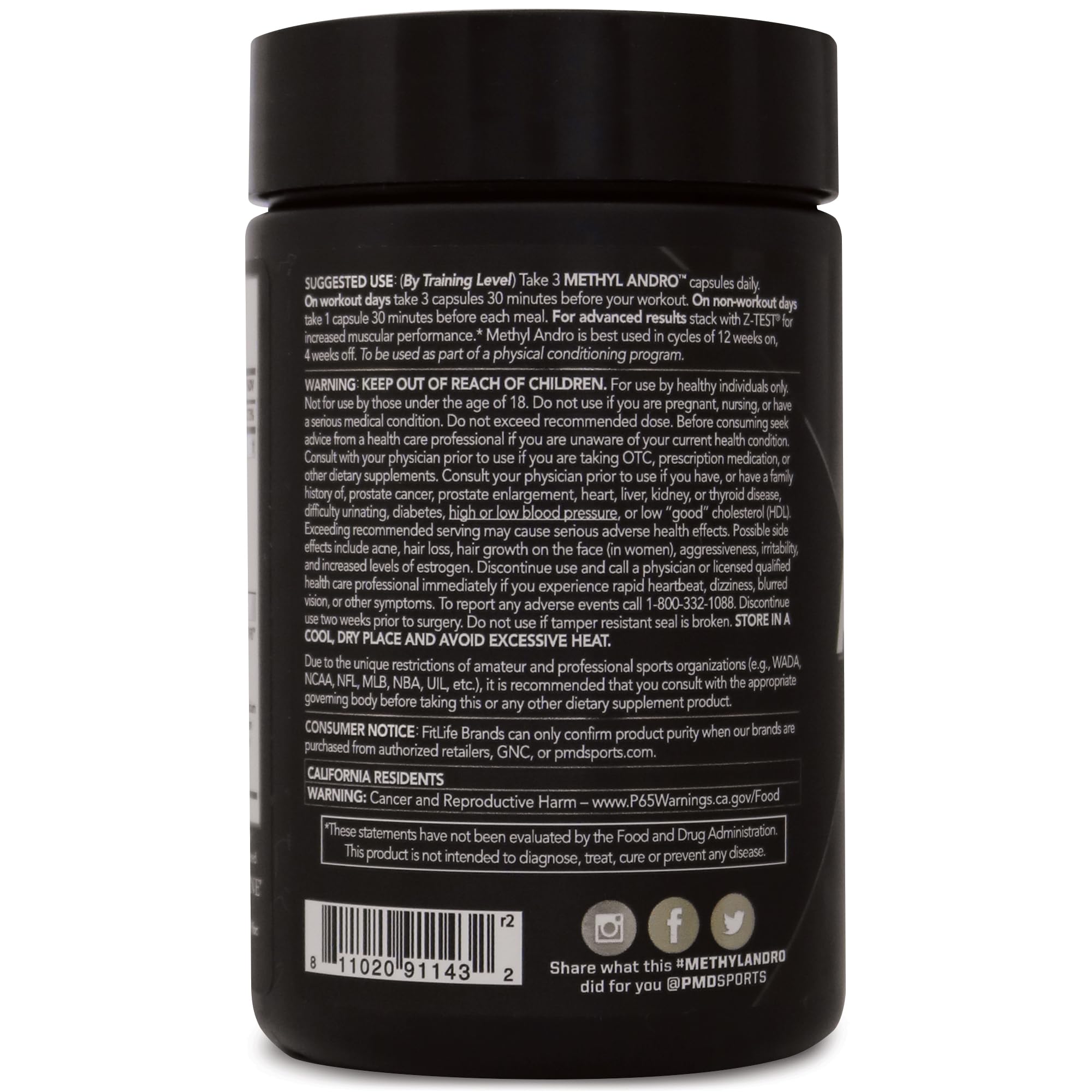 PMD Sports Methyl Andro ingredients panel shows DHEA, D-Aspartic Acid, Shilajit and Fenugreek for potential support.