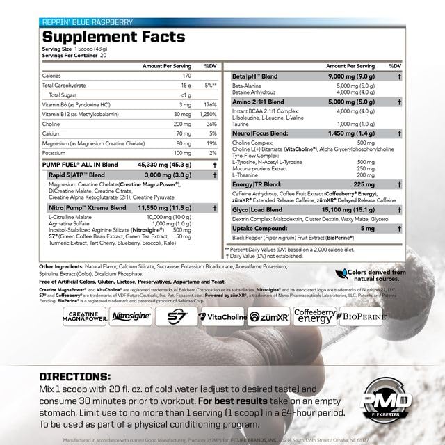 PMD Pump Fuel All In blue raspberry label highlights creatine for strength support.