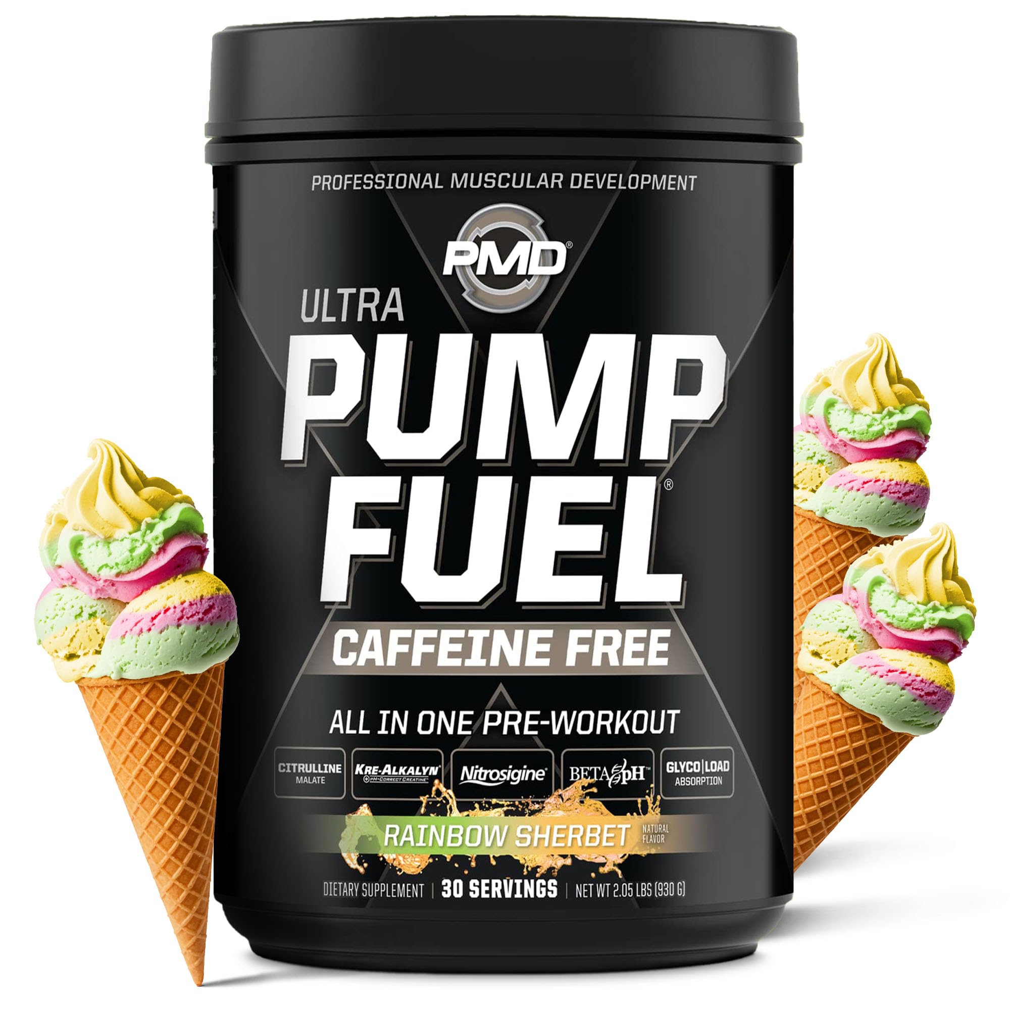 PMD Sports Pump Fuel Ultra Caffeine Free front label highlights transparent ingredient amounts