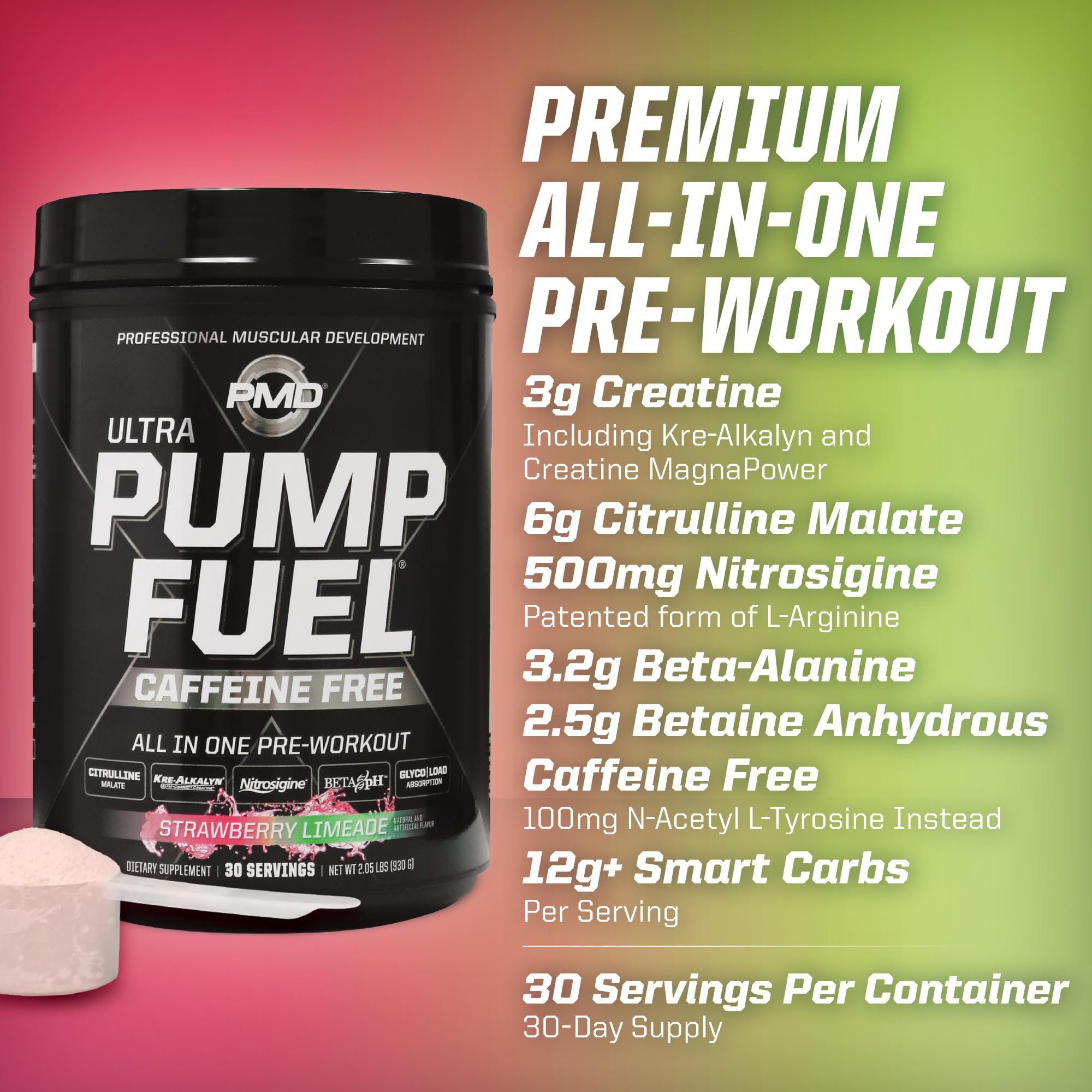 PMD Pump Fuel Ultra ingredients panel highlighting creatine and citrulline.