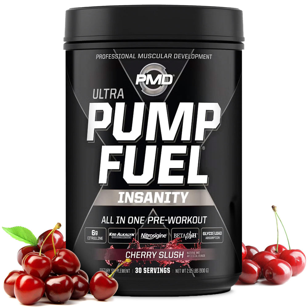 PMD Sports Pump Fuel Ultra Insanity bottle with cherry slush flavor boosts energy for intense workouts