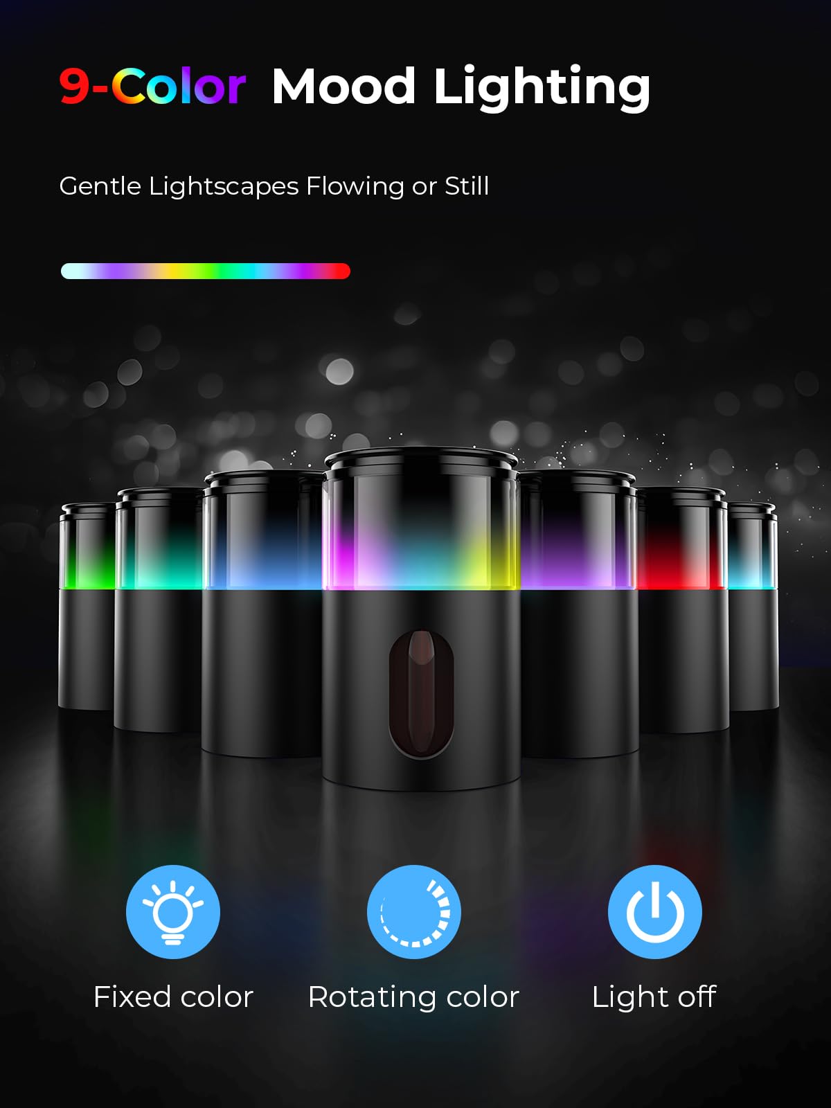 Pmsusoow diffuser displaying 9-color LED lights for mood lighting