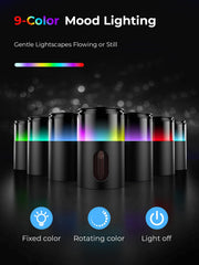 Pmsusoow diffuser displaying 9-color LED lights for mood lighting