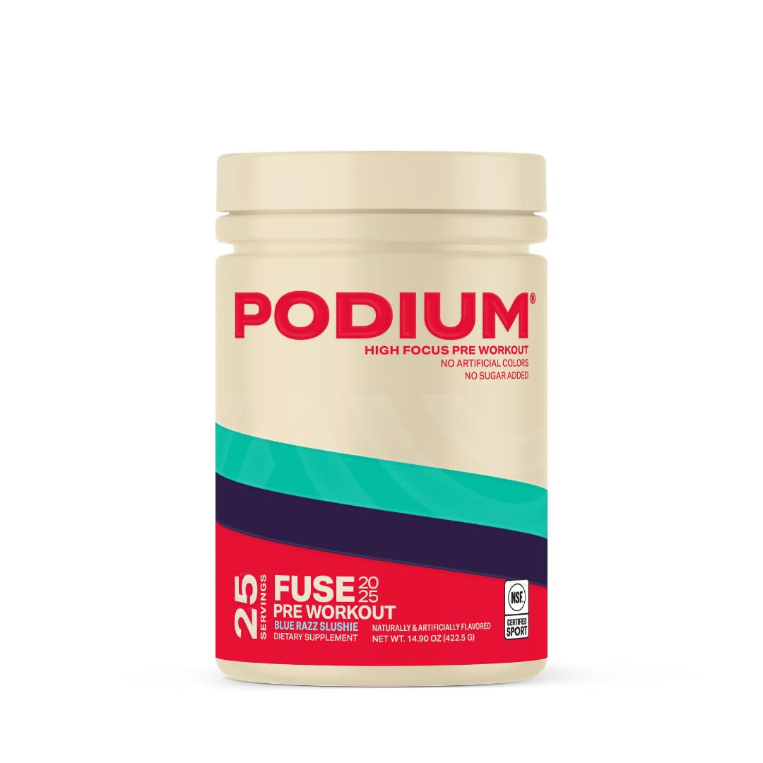 Podium Fuse 2025 blue razz slushie bottle illustrates focused energy for workouts