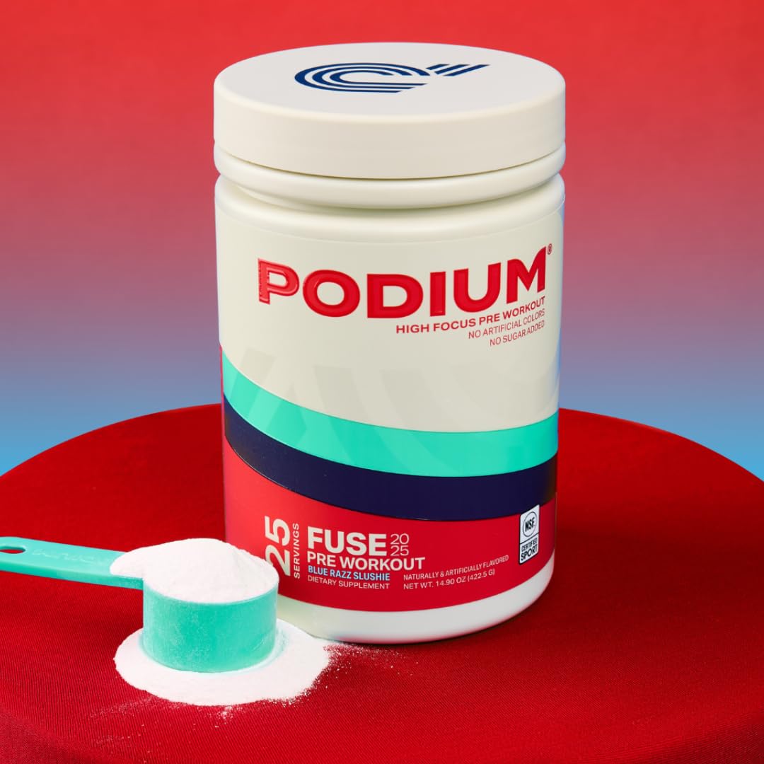 Podium Fuse 2025 blue razz serving hints at refreshing flavor and sustained energy