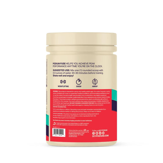 Podium Fuse 2025 powder scoop close up shows quick dissolve and premium ingredients
