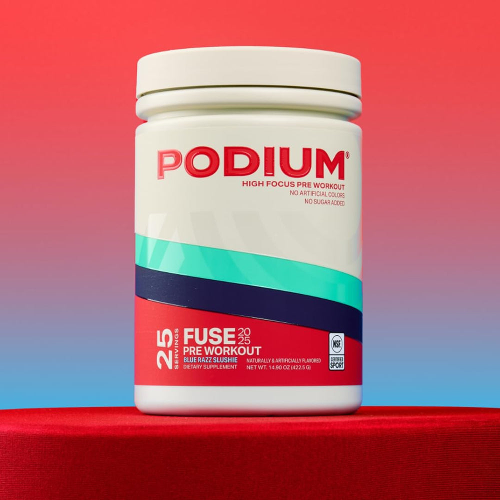 Podium Fuse 2025 pre workout mixing glass demonstrates easy preparation before training