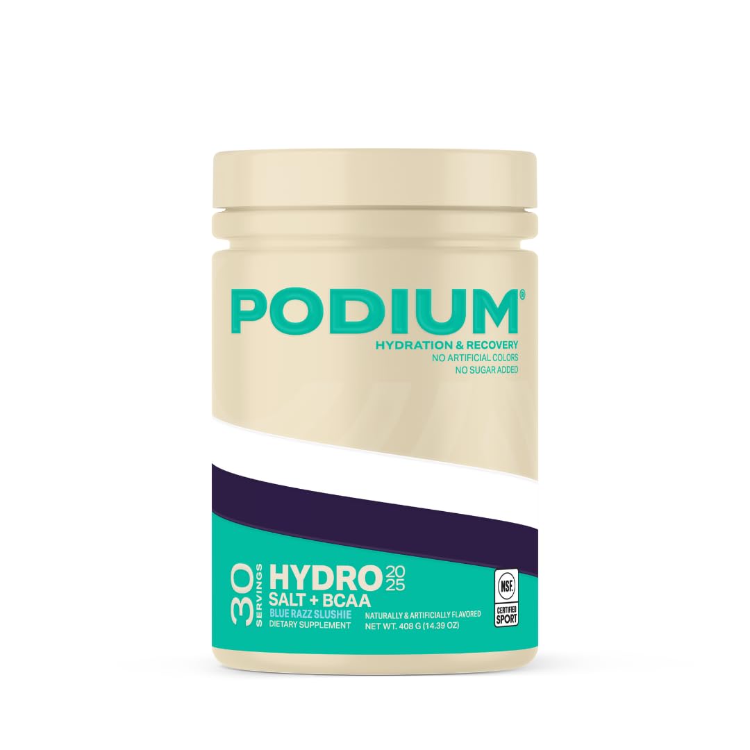 Podium Hydro + Salt blue razz slushie bottle for workout hydration.
