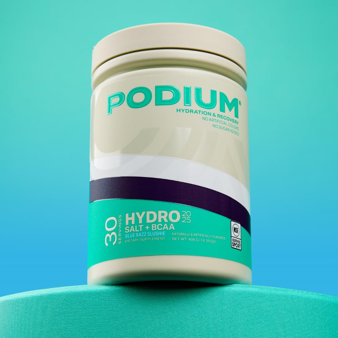 Podium Hydro + Salt glass with water demonstrates quick on-the-go hydration.