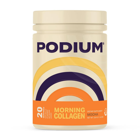 Podium Morning Collagen Mocha bottle pouring for a refreshing morning boost