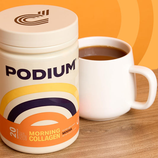 Podium Morning Collagen Mocha cup with steam, ideal with your morning coffee