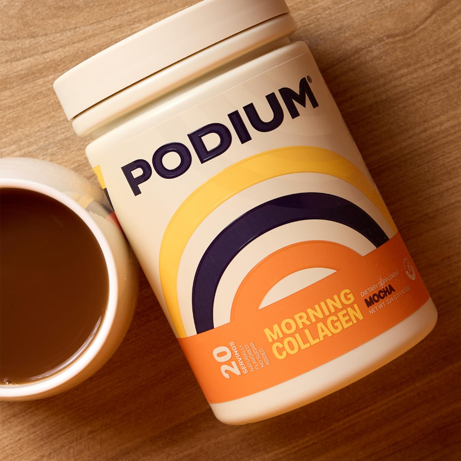 Podium Morning Collagen Mocha glass of water ready to mix