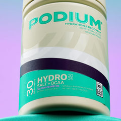 Podium Hydro + Salt label closeup features the NSF Certified for Sport emblem.