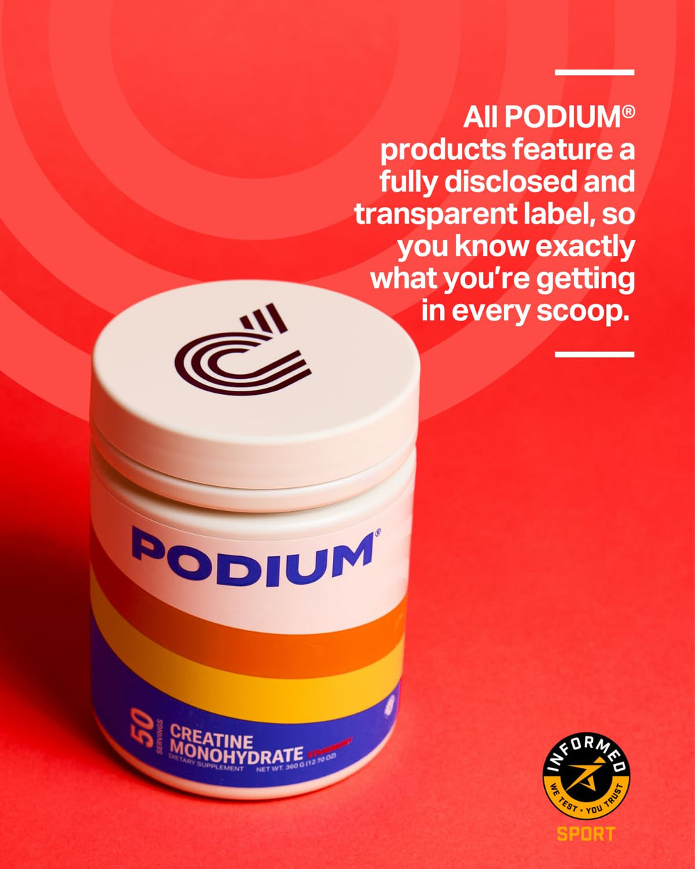 Podium Nutrition Solos Creatine Monohydrate bottle on gym bench for easy supplementation