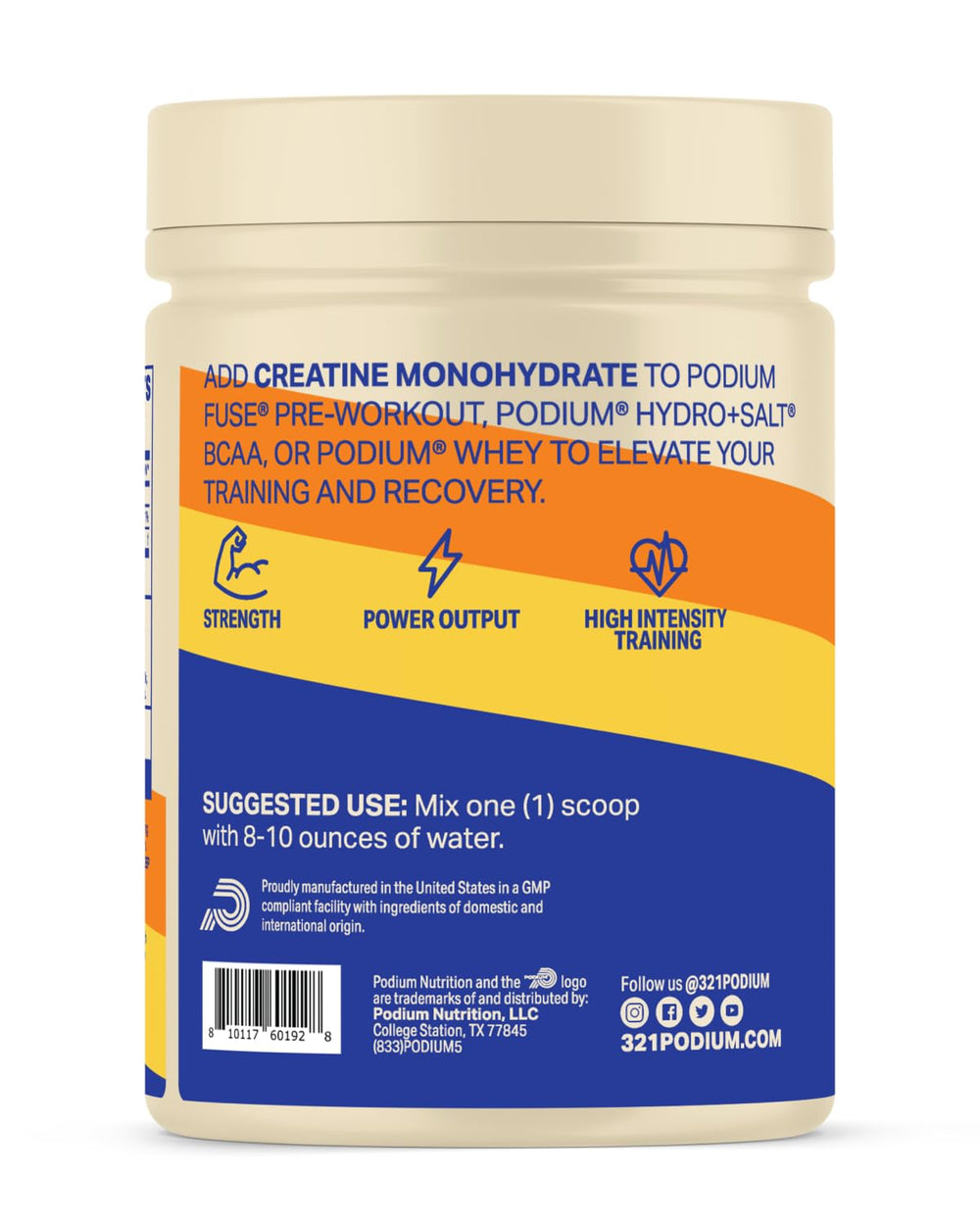 Podium Nutrition Solos Creatine Monohydrate label close-up showing flavor and serving details