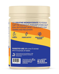 Podium Nutrition Solos Creatine Monohydrate label close-up showing flavor and serving details