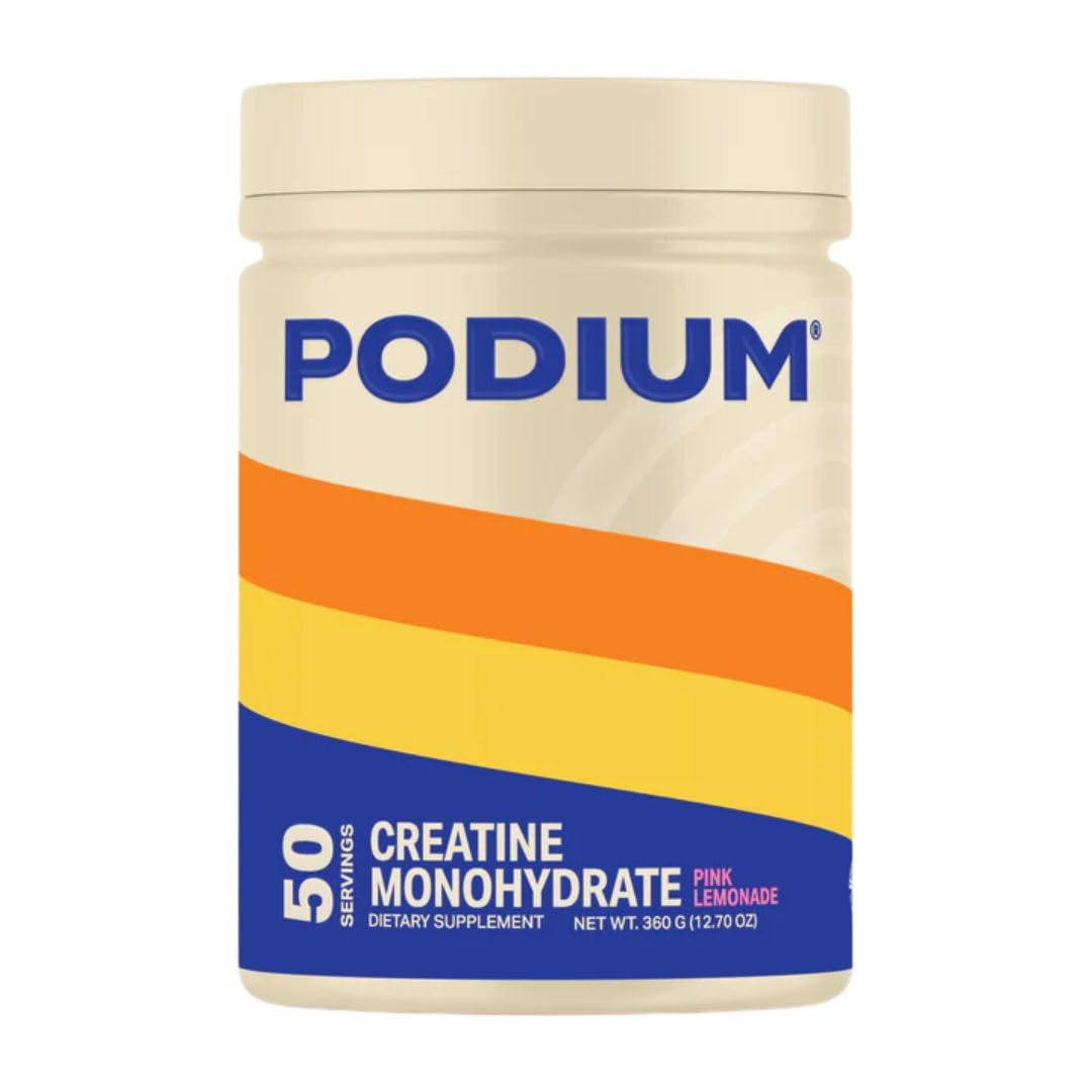 Podium Nutrition Solos creatine powder pink lemonade bottle for workouts supporting strength and recovery.