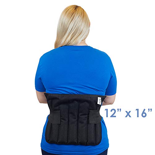 Polar Products microwavable wrap on shoulder delivers soothing moist heat.